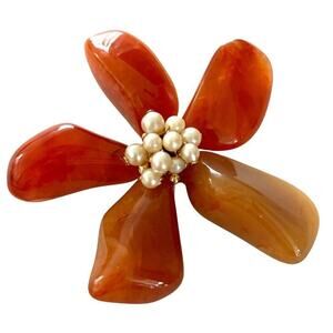 Orange Carnelian Flower Brooch Pin Faux Pearl Center Vintage Jewelry 3” MCM